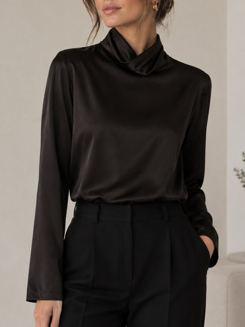 Linda Allard Ellen Tracy Silk Turtleneck Blouse 14 NWT Mahogany Dark Brown